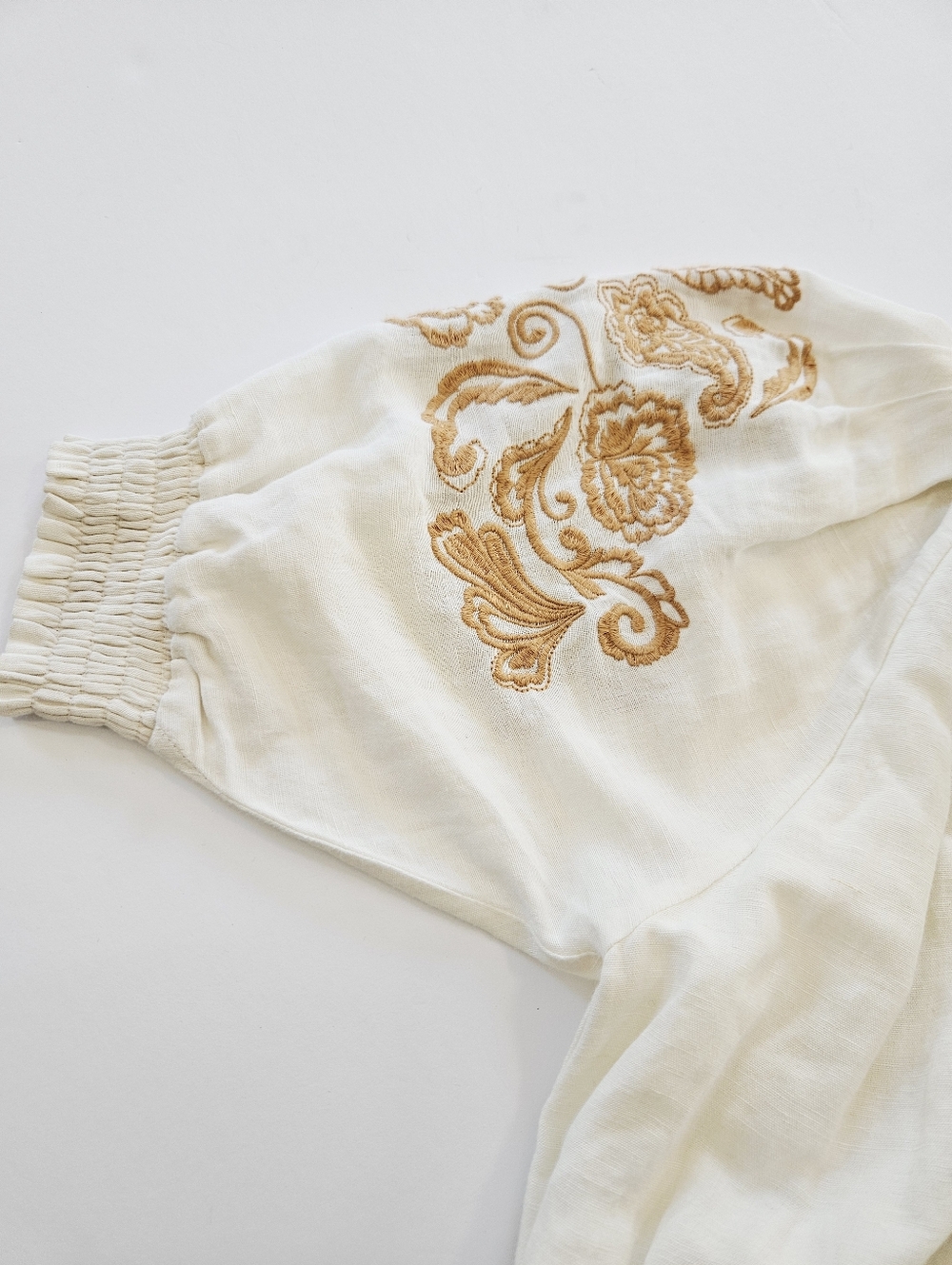 Cartolina Lizette Linen Blend Embroidered Belted Puff Sleeve Ivory Midi Dress M - Picture 14 of 16